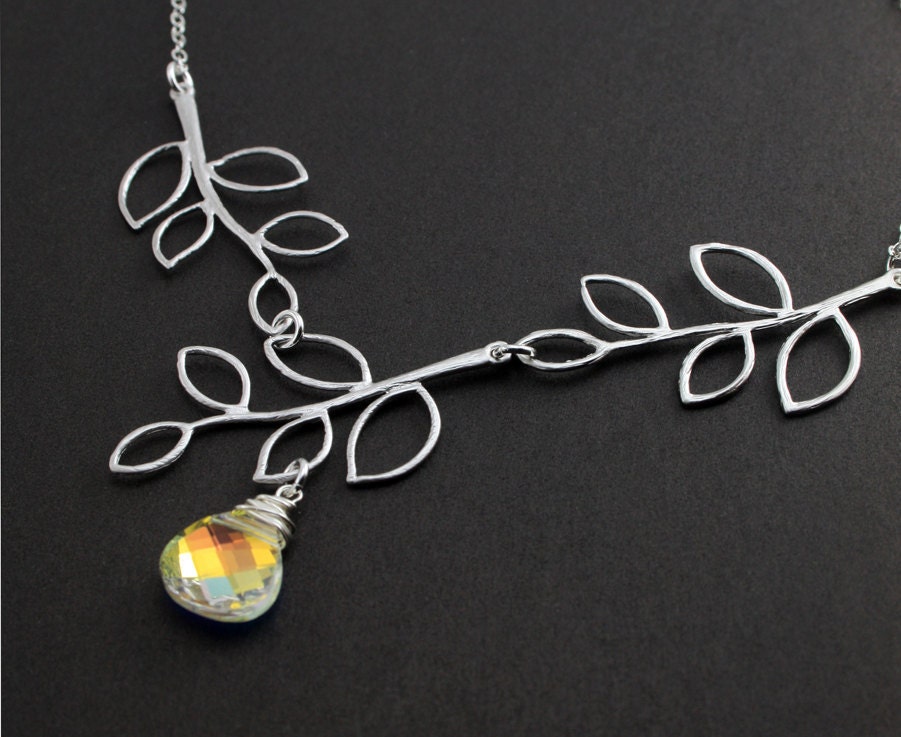 Silver Jewelry - "Briolette and Branches" Necklace - STERLING SILVER Chain, Perfect for Brides
