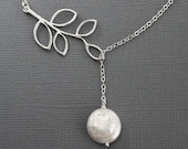 Silver Necklace. Branch and Pearl Necklace. Silver Branch Necklace, Nature Inspired Jewelry. Coin Pearl, Bridal jewelry,