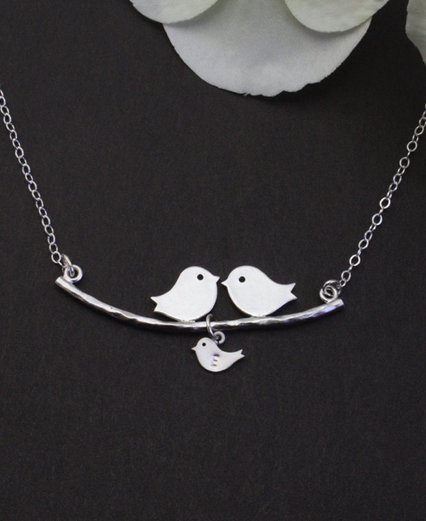 Kissing Love birds and Baby Bird - Personalized Silver Necklace with Sterling silver Chain, Custom Letter - Birthday, Baby Shower Gift