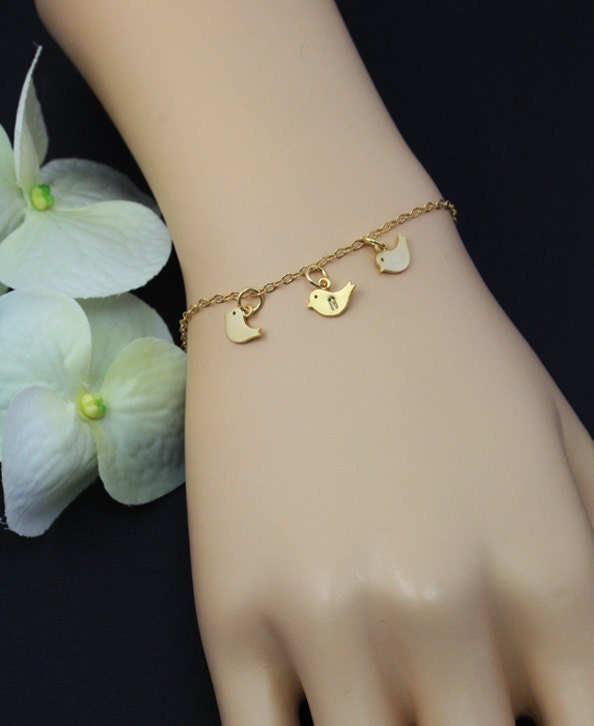 My Baby Birds Bracelet- Personalized Gold Filled Bracelet -3 initials Family Charm,Children Initials, Special Occasion Gift