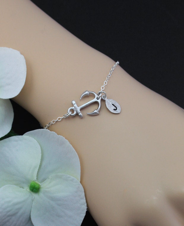 Silver Anchor Jewelry. Personalized Bracelet. Sideways Silver Anchor. Sterling SILVER , Marine, Strength, Love, Together