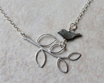 Black Bird Necklace- Mother-of-Pearl Bird and Silver Branch (WN3)