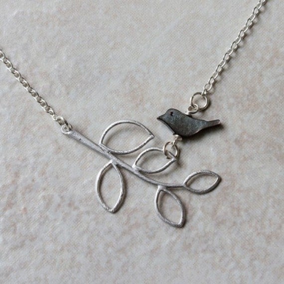 Black Bird Necklace- Mother-of-Pearl Bird and Silver Branch (WN3)