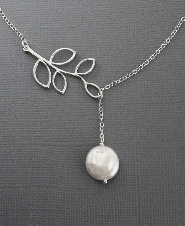 Silver Necklace. Branch and Pearl Necklace. Silver Branch Necklace, Nature Inspired Jewelry. Coin Pearl, Bridal jewelry,