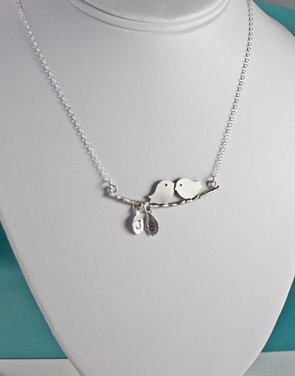 Silver Bird Necklace. Personalized Lovebirds Necklace, Mother's Necklace.Bird and Branch Necklace Jewelry, Bridal Jewelry, Couple, Love