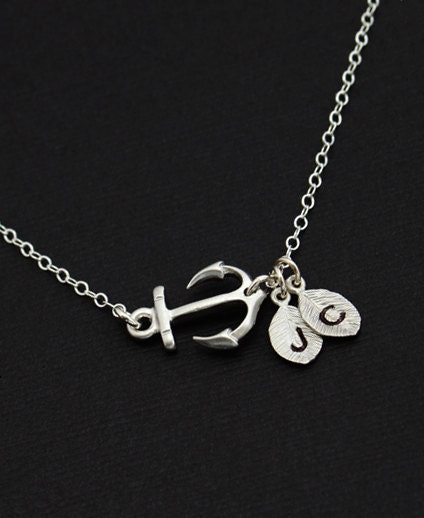 Personalized Jewelry. Silver Anchor Necklace, Bridal Party.Sideways Anchor. Bridesmaid Necklace. Weddings., Couple Initial Jewelry. Marine.