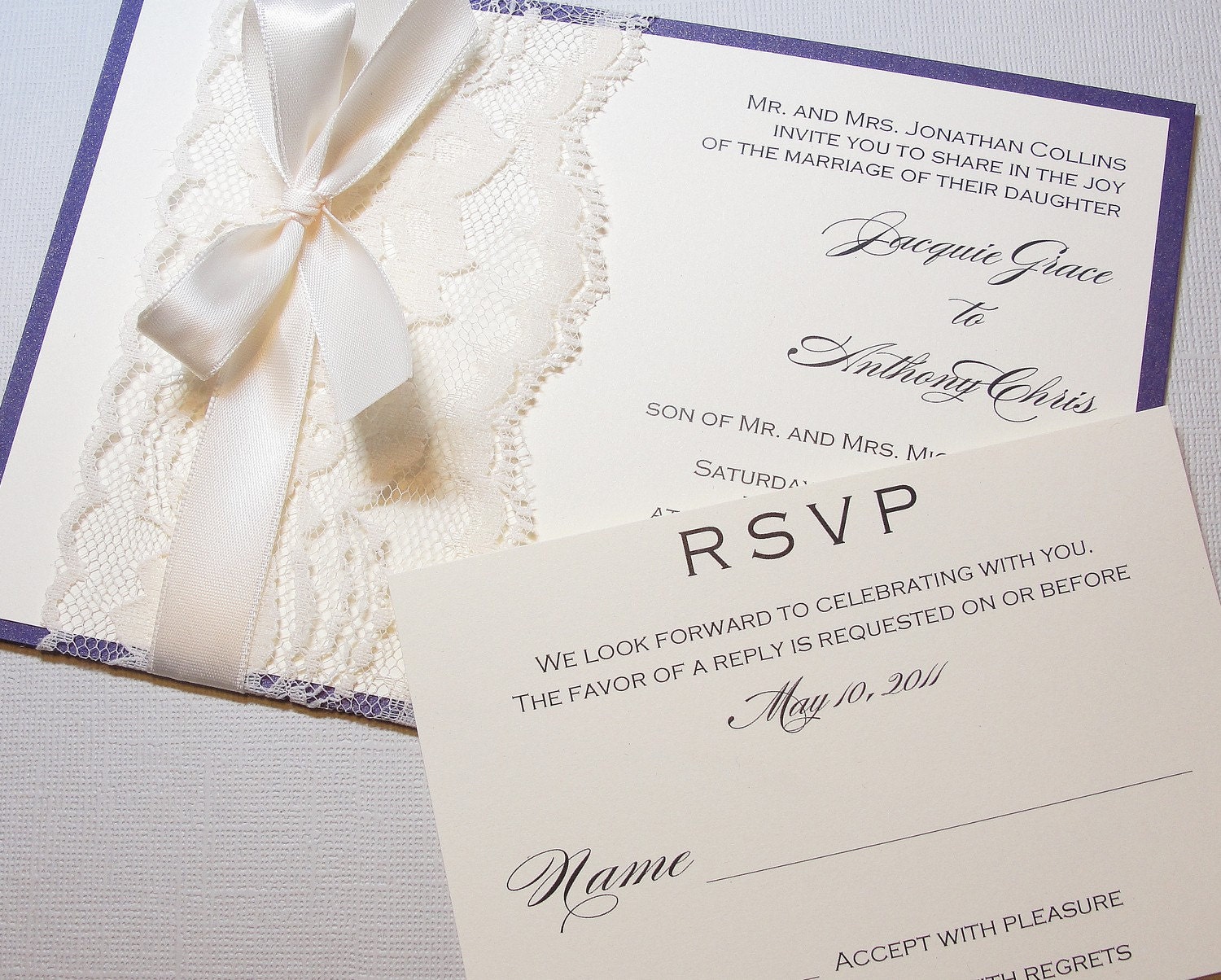 JULIETA-1 Lace Wedding Invitation, Invite, Vintage, Shabby Chic, Couture