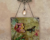 Sage Carte Postale Wall Hanging - Handmade Decoupage Glass Wall Pendant - Carte Postale No. 1