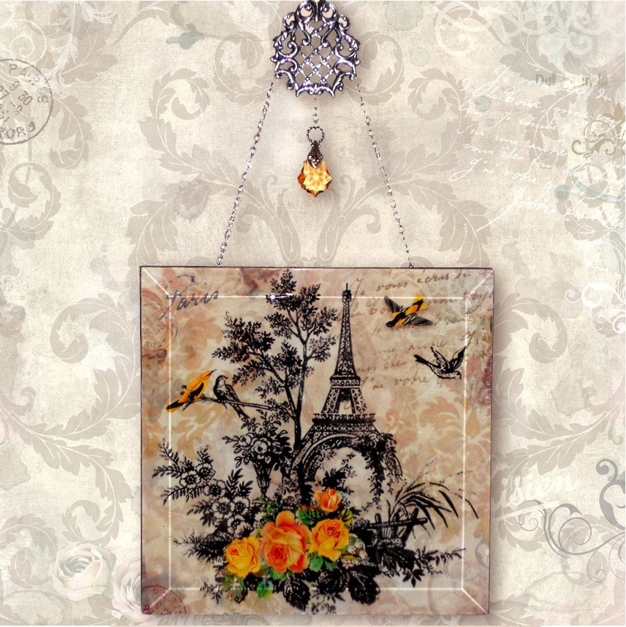 Eiffel Tower Wall Hanging - Bevelled Glass Wall Pendant - Vintage Paris Fashion - - Springtime in Paris