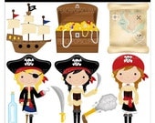 cute girls pirate clipart digital clip art Red, Blue, Black - Pretty Pirates Girls - Digital Clip Art - Personal Commercial Use