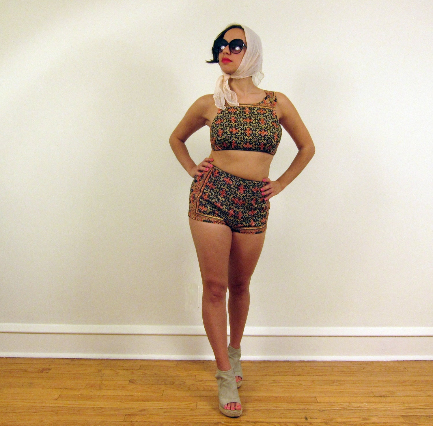 Vintage 1960s Lila Bath Swimsuit Bikini in Ethnic Print Red Black w/Coin Buttons