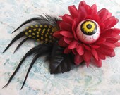 EYE of the CREATURE --- Black and Yellow Feather with Red Daisy Flower Steampunk Gothic Creepy Hair Clip Headpiece