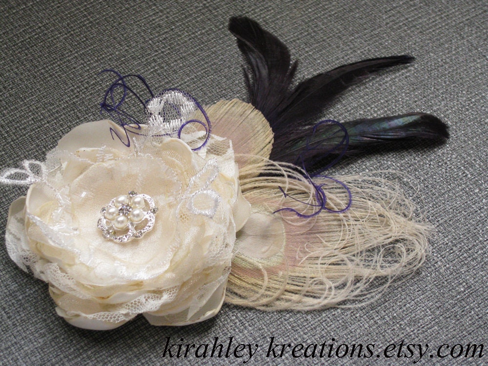 VERONICA -- Handmade Ivory Layered Lace Flower w/ Champagne Peacock & Accenting Feathers -- Perfectly Elegant for a Bridal Hairpiece
