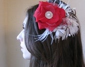 ILOVE -- Handmade Red Rose, Pearl Rhinestone, White Feathers, Foliage & Berrys Hairpiece Fascinator Valentine Christmas Wedding - Ship Ready