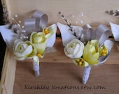 LEMONS & LACE Boutonniere -- Flower and Feather Boutonniere in Yellow's, White, Ivory and Silver -- Perfect for Spring and Summer Weddings