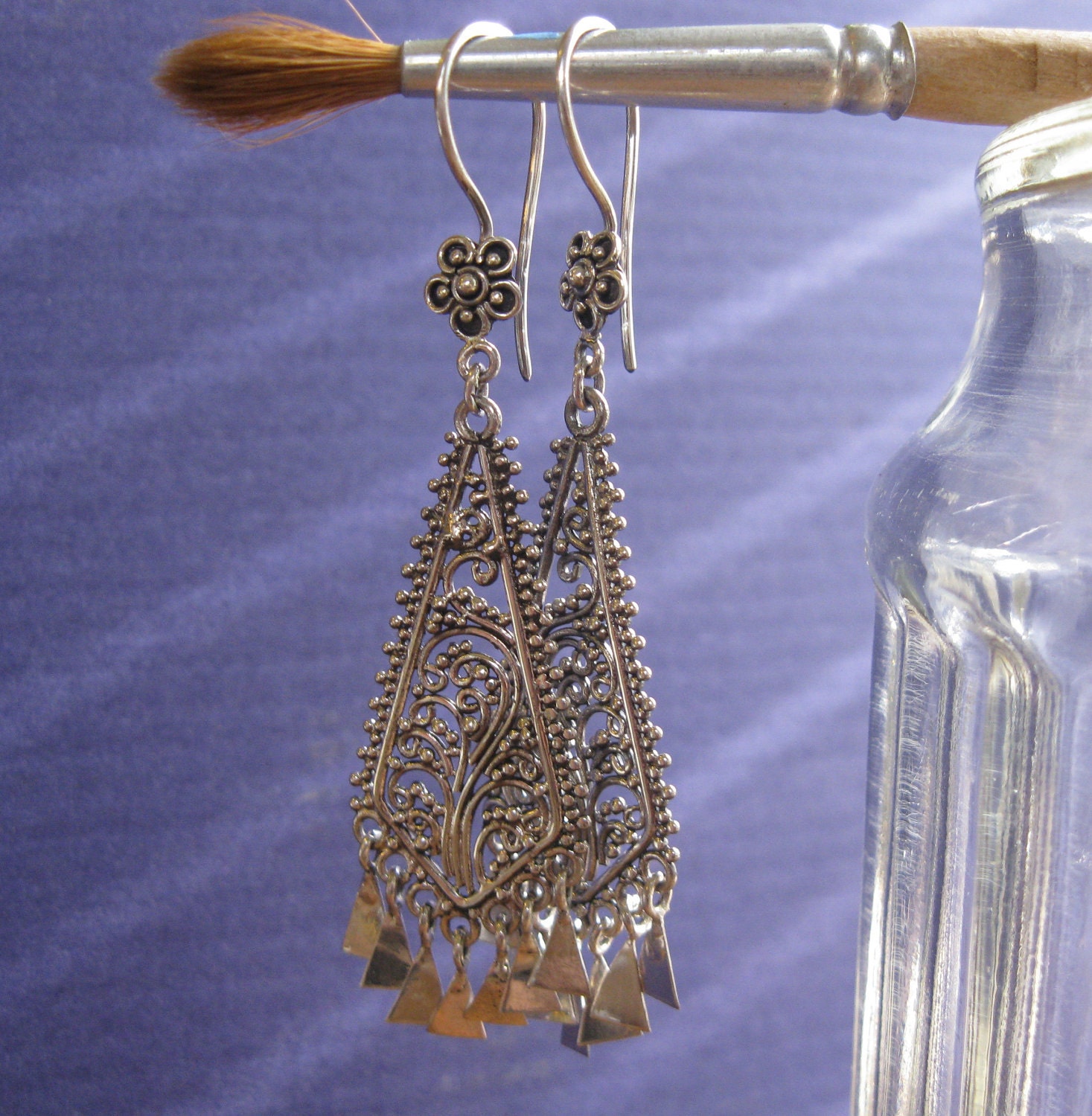 Long, Luscious, Tribal filigree earrings..Sterling silver...Gift Box ..