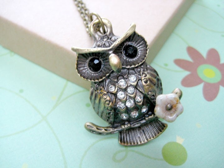 Owl Necklace -Owl with Flower