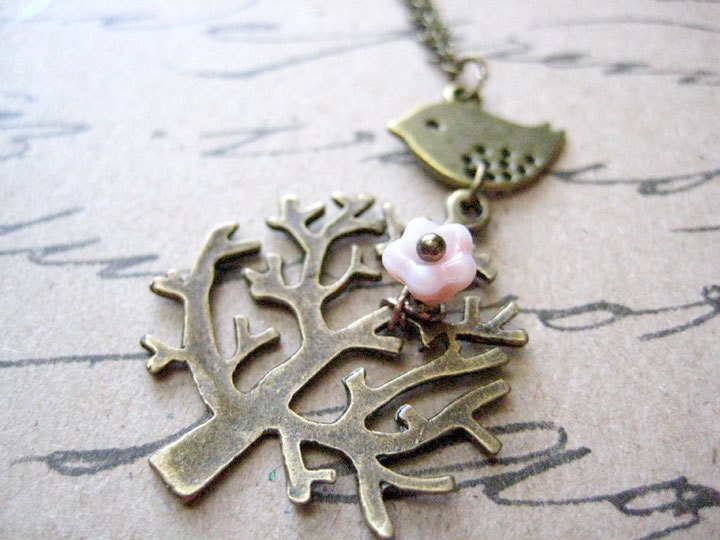 Tree Necklace - Tree with Pink flower and Bird