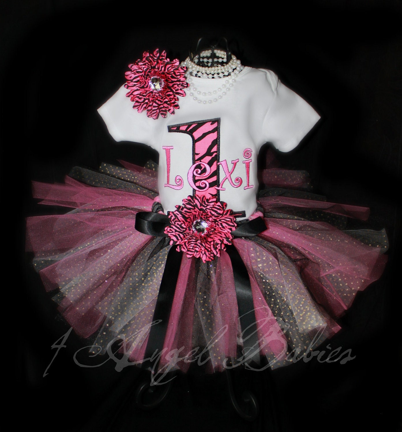 3 Piece Hot Pink and Black Zebra Girls Birthday TuTu Outfit with Onesie, Headband or Hair Clip and Tutu Choose Your Size