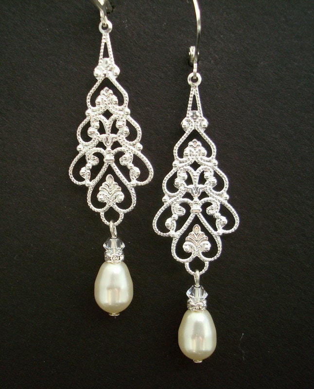 Pearl Bridal Earrings, White or Ivory Pearls, Silver Filigree Earrings, Wedding Pearl Earrings, Pear Shape, Silver, Pearl, ALENA