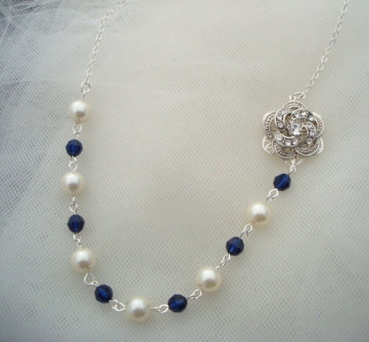 Pearl Necklace,Bridal Rhinestone Necklace,Ivory or White Pearls,Something Blue Necklace,Bridal Pearl Necklace,Pearl,Rose,Crystal,ROSELANI