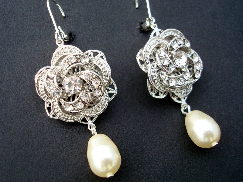Ivory or White Pearl, Bridal Wedding Earrings, Rhinestone Wedding Bridal Earrings, Rose Chandeliers, Pearl Drops, Pearl, Filigree, ROSELANI