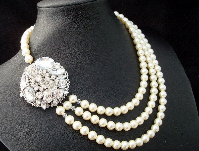 Pearl Necklace,Rhinestone Bridal Necklace,Ivory or White Swarovski Pearls, Statement Bridal Necklace, Bridal Pearl Necklace, Pearl,CHRISTINA