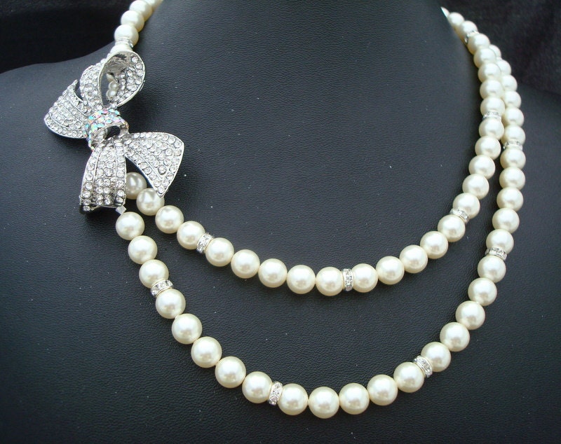 Pearl Necklace,Bridal Rhinestone Necklace,Ivory or White Pearls,Bow Necklace,Statement Bridal Necklace,Bridal Pearl Necklace,Pearl,ANASTASIA