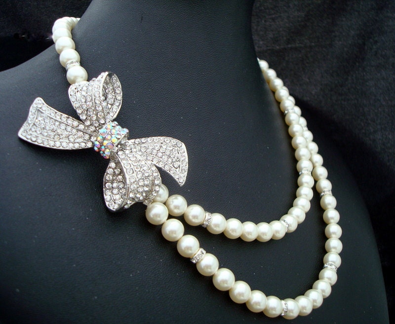 Pearl Necklace,Bridal Rhinestone Necklace,Ivory or White Pearls,Bow Necklace,Statement Bridal Necklace,Bridal Pearl Necklace,Pearl,ANASTASIA
