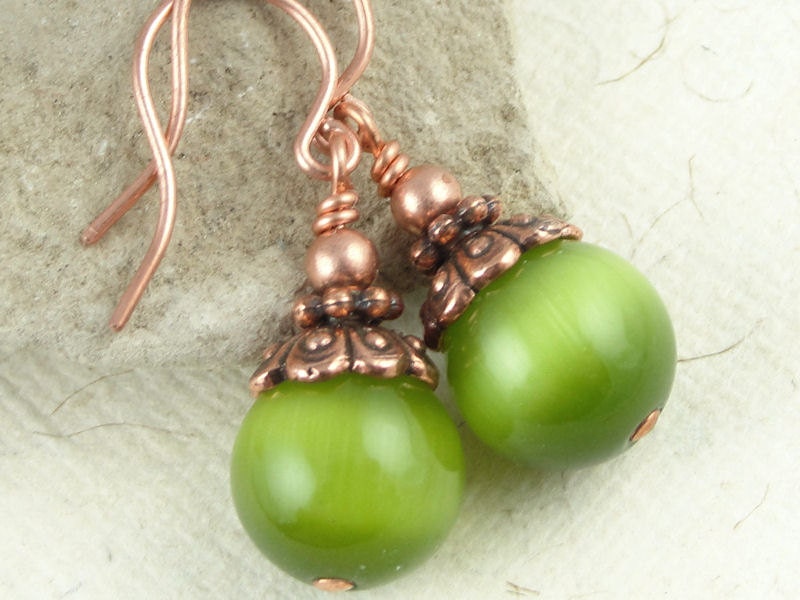 Olive Green Beaded Earrings Copper Jewelry Avacado Lime Chartreuse Jewelry Cats Eye Earrings