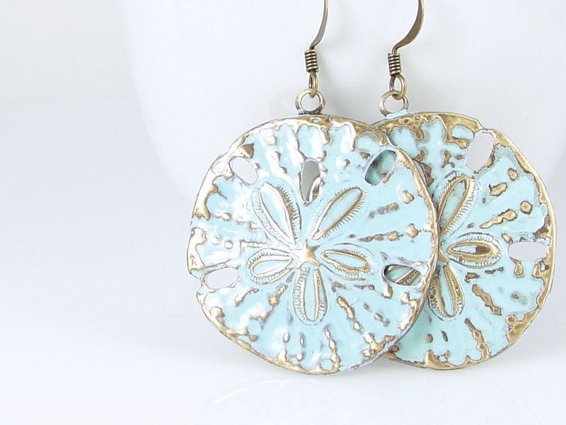 Beach Jewelry Sand Dollar Earrings Bohemian Boho Chic Light Turquoise Blue Summer Jewelry Distressed Weathered Shabby Chic Ocean Aqua