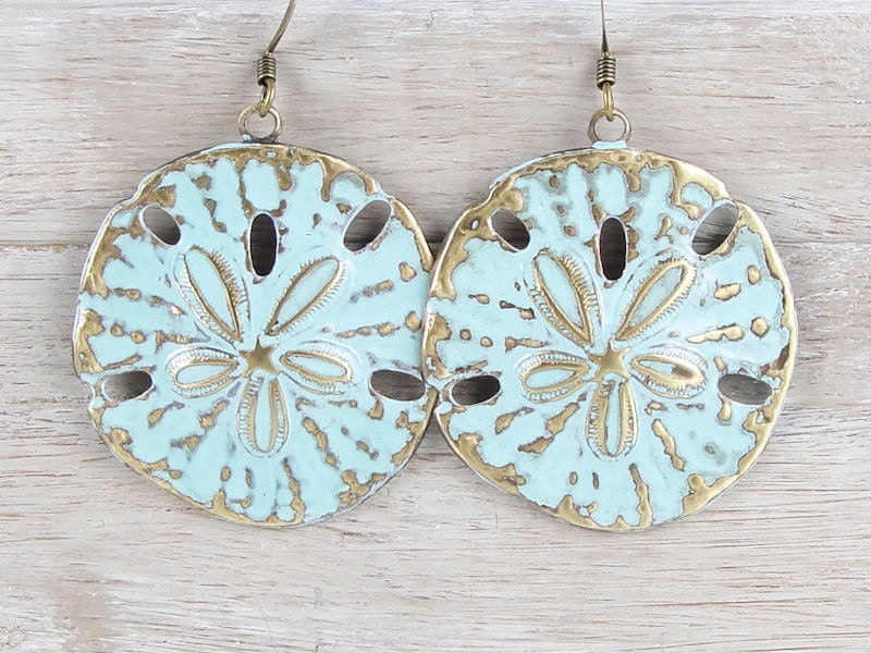 Beach Jewelry Sand Dollar Earrings Bohemian Boho Chic Light Turquoise Blue Summer Jewelry Distressed Weathered Shabby Chic Ocean Aqua
