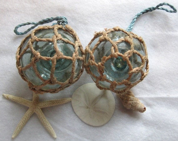 Japanese Glass Fishing Floats - Set of 2 with Original Nets