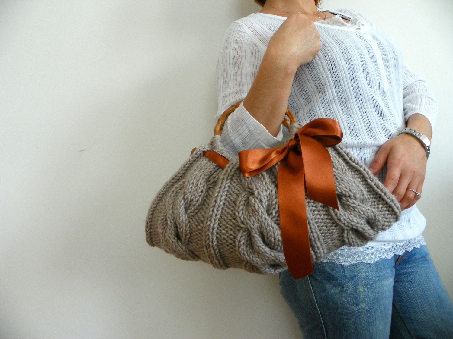 Knitted Handbag - Beige Bag Nr-0110