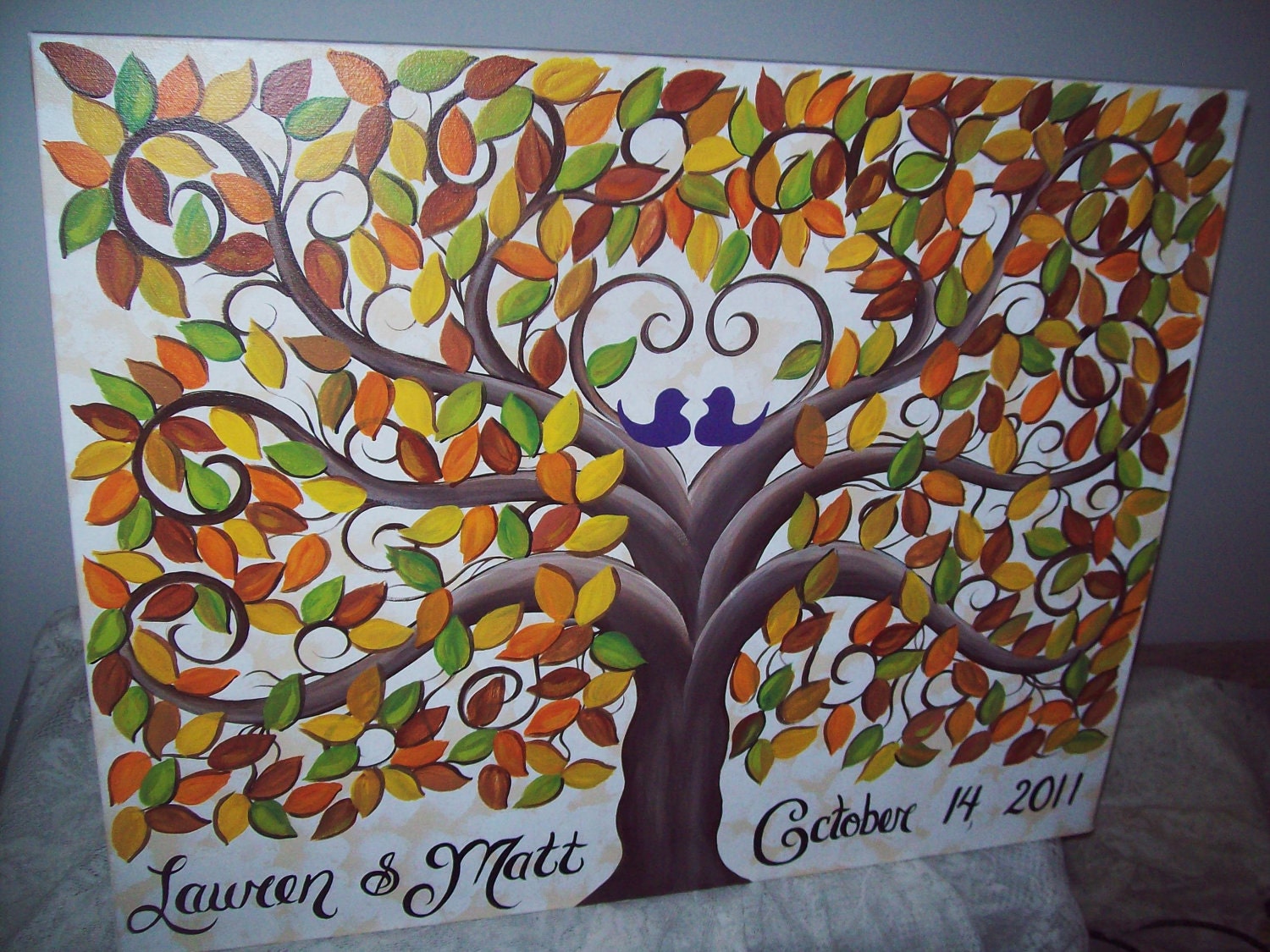 Wedding guest book signature tree....155 painted leaves on 18 X 24 Stretched Canvas