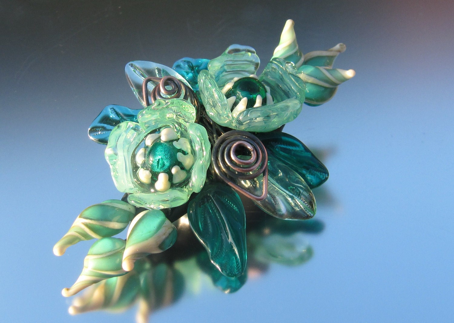 One of a kind handmade lampwork corsage brooch - Jade Rose