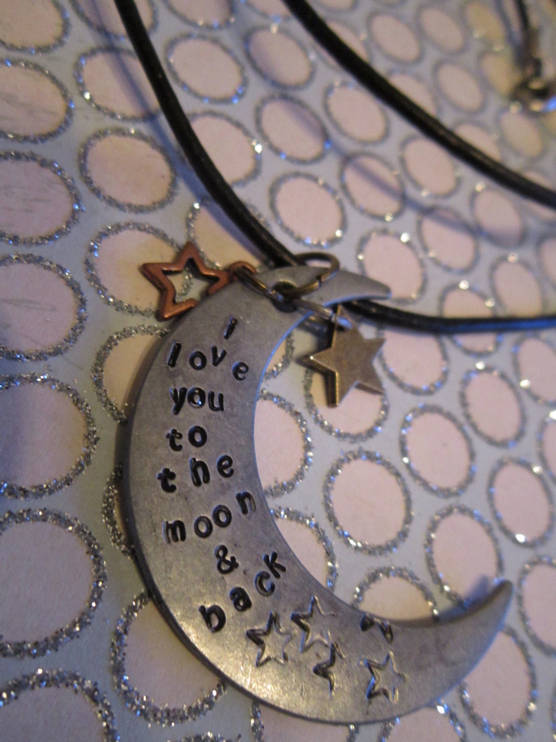 I love you to the moon & back Hand Stamped Moon and Stars Necklace.