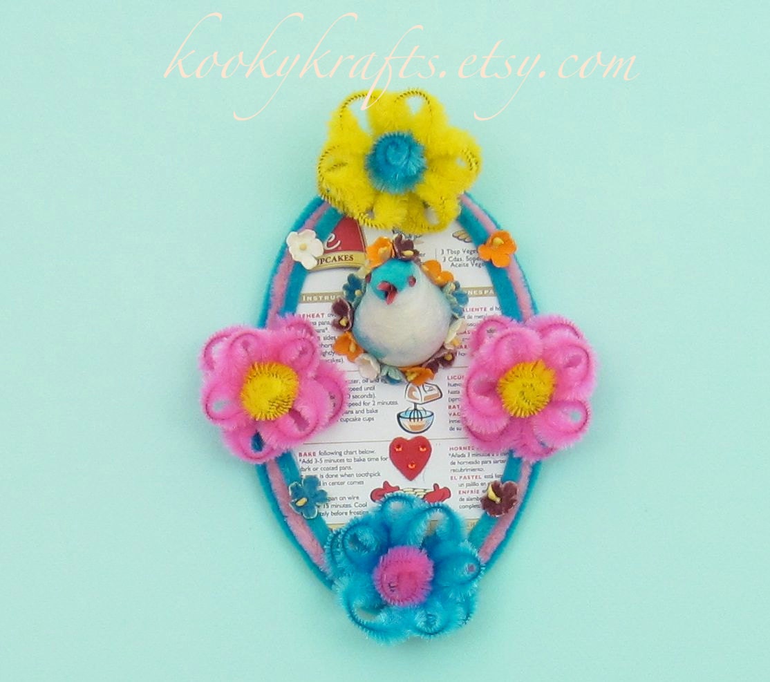 Faux Taxidermy Bird with Chenille Flowers