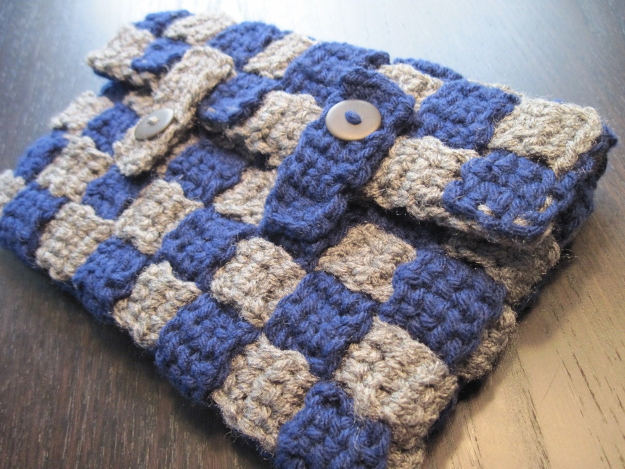 Blue and Grey Woven Crochet Clutch Purse, Nook or Kindle Sleeve