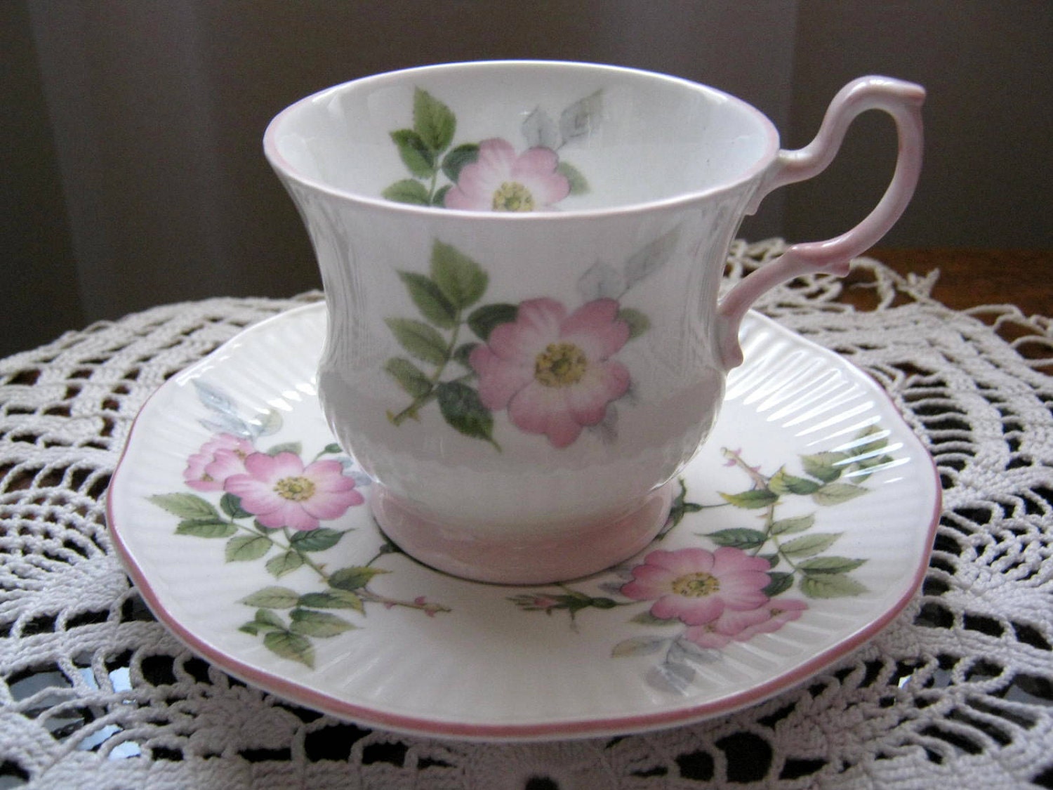 Vintage Shabby Chic Queens Rosina Pink Flower Cappuccino Espresso Tea Cup and Saucer Set