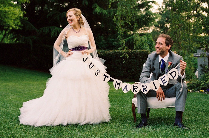 Just Married Wooden Heart Hand-painted Wedding Banner Photo Prop -As Seen On STYLE ME PRETTY