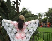 White Fine Wool Trapezoid Crochet Shawl with Fringe - Ready to Ship