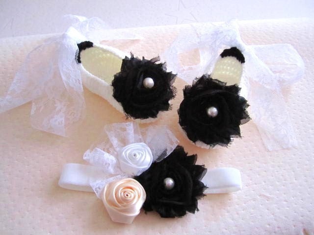 Black Flower White Lace Crochet Baby Booties and Headband Set- 4 Sizes