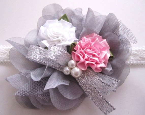 Silver Ribbon Beaded Flowery Stretchy Headband - Size from Newborn - Adults