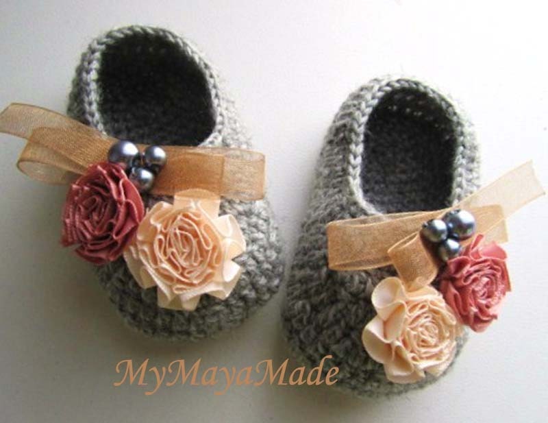 Flowery Beaded Gray Wool Crochet Baby Booties - 4 Sizes - Ready to Ship