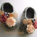Flowery Beaded Gray Wool Crochet Baby Booties - 4 Sizes - Ready to Ship