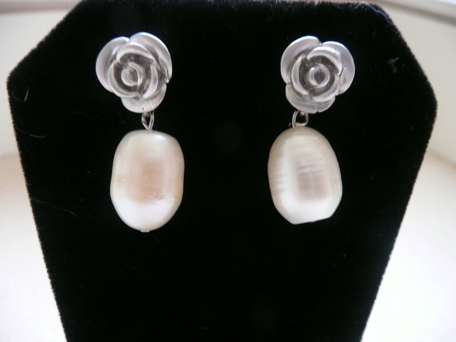 Silver Flower and Pearl Drop Earrings