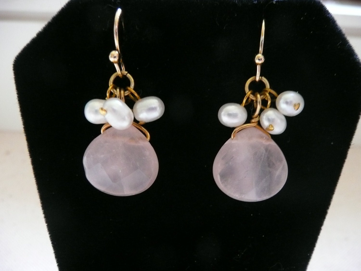 Pink Stone and Pearl Cluster Dangle Earrings