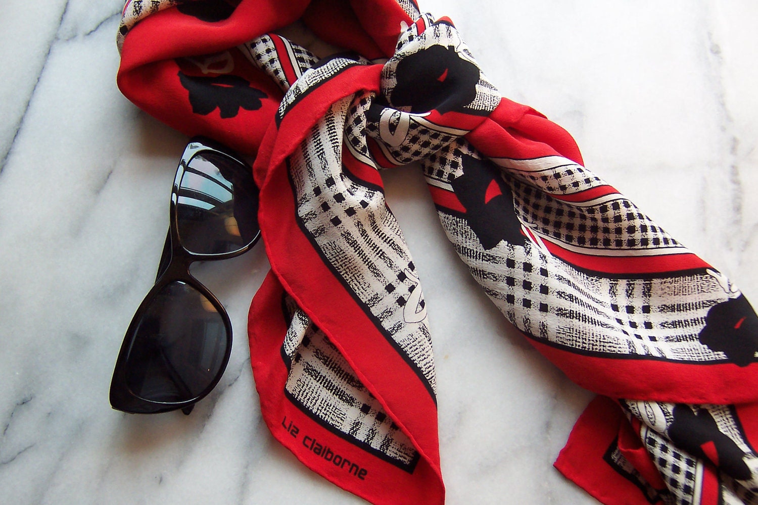 80s Liz Claiborne Red, Black & White  Floral/Plaid Crepe Scarf