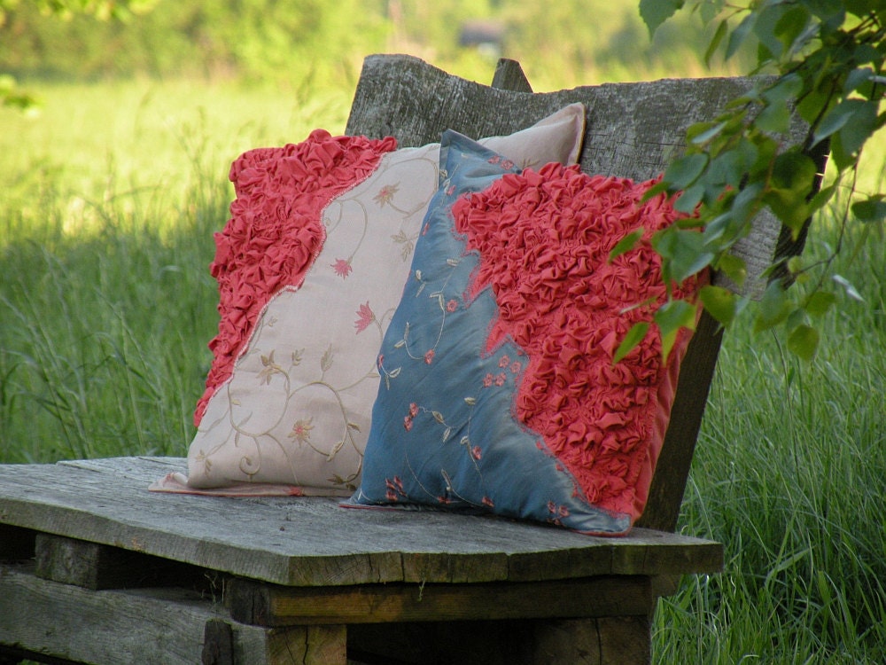 Decorative Pillow 16 x 16 Texture and Ruffled in Beige and Pale Raspberry Made to order
